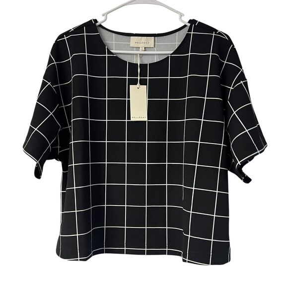 Melloday Women's Grid Print Top Boxy Short Sleeve Blouse Black White Size XL - Picture 1 of 5